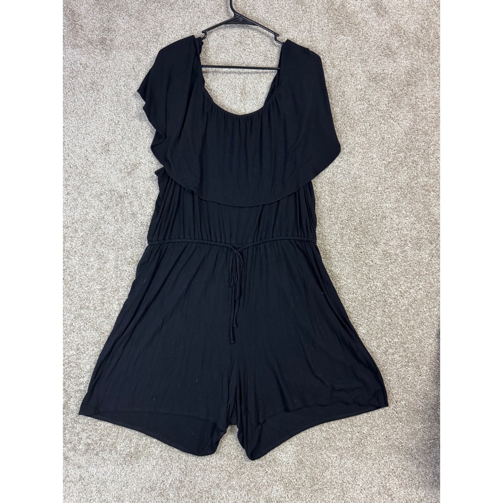 Old Navy Black Ruffle Neck Romper XL Elastic Drawstring Waist Jersey Knit Short